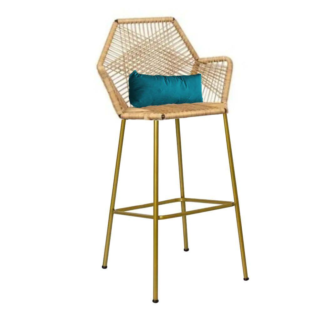 Miniatura Banqueta Alta Com Encosto Ferro Dourado Fibra Palha Almofada Azul Turquesa