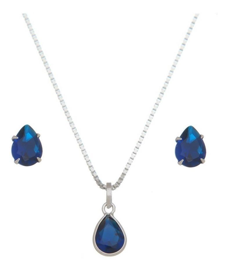 Miniatura Colar Brincos Zirconia Azul Conjunto Feminino Prata 925