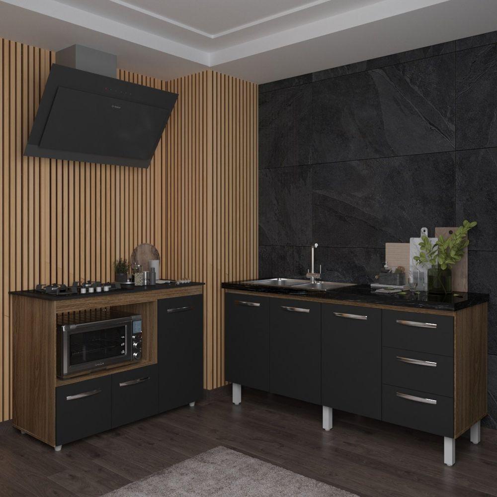 Miniatura Balcão Armário Gabinete De Pia 150 Cm Deise E Balcão Alana Para Fogão Cooktop 4 Bocas E Forno Elétrico Savana Preto