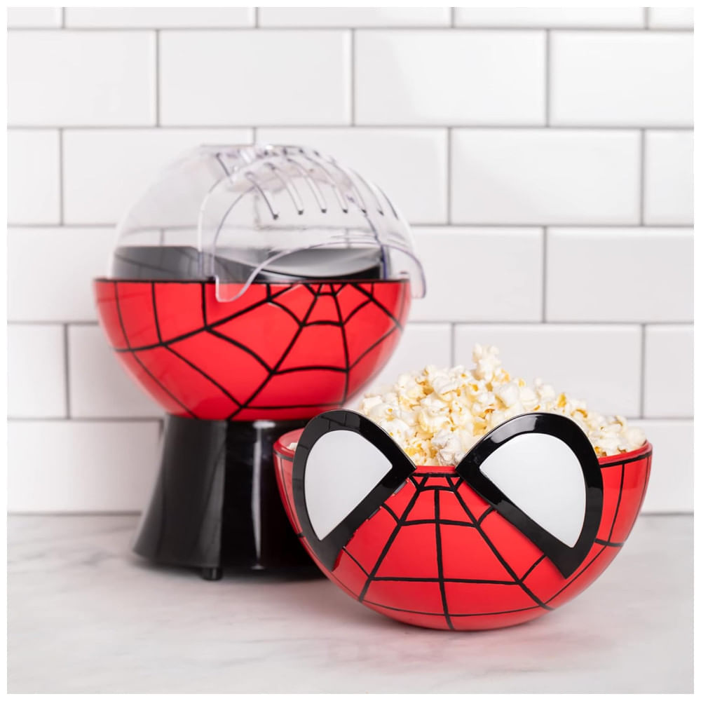 Miniatura Pipoqueira Elétrica com Tema Marvel Homem Aranha, Copo Medidor e Tampa que Vira Tigela de Servir, 110V, Uncanny Brands, Vermelha e Preta 110v