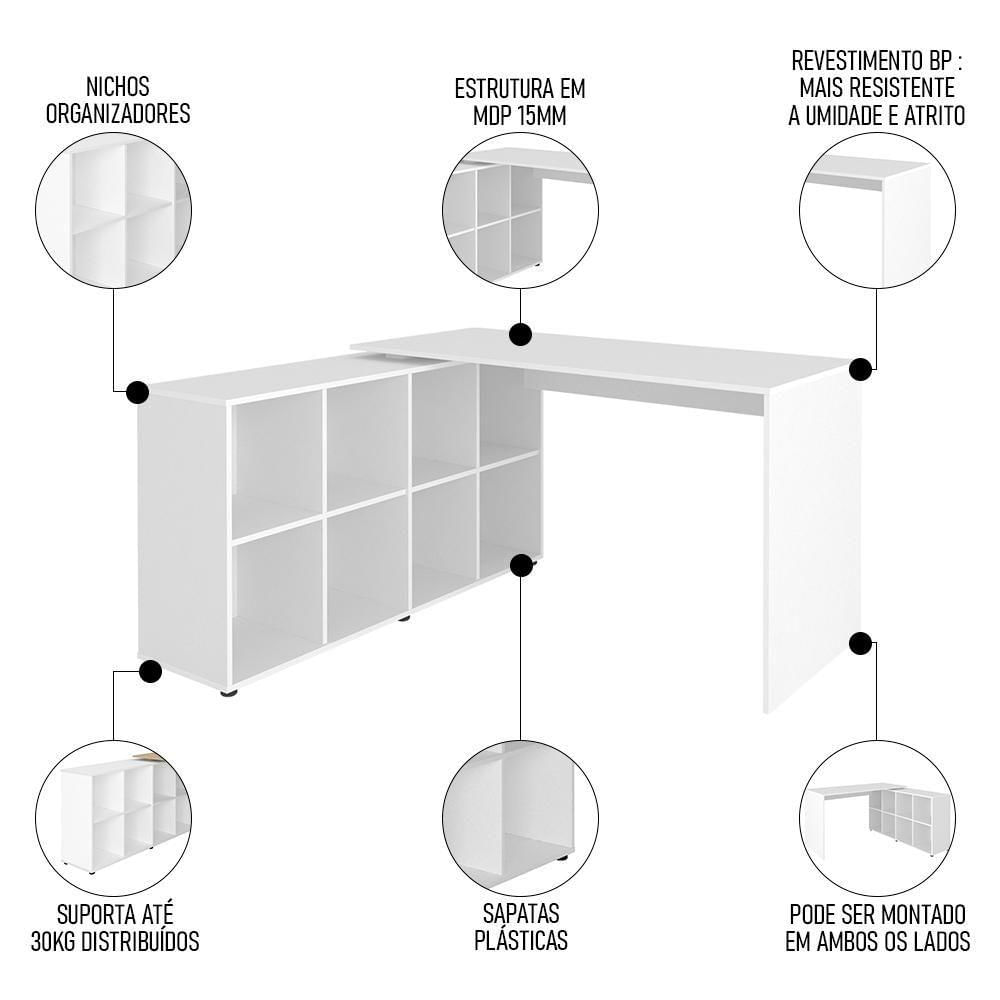 Miniatura Mesa Escrivaninha Em L 140x130cm 8 Nichos Eron A06 Branco - Mpozenato