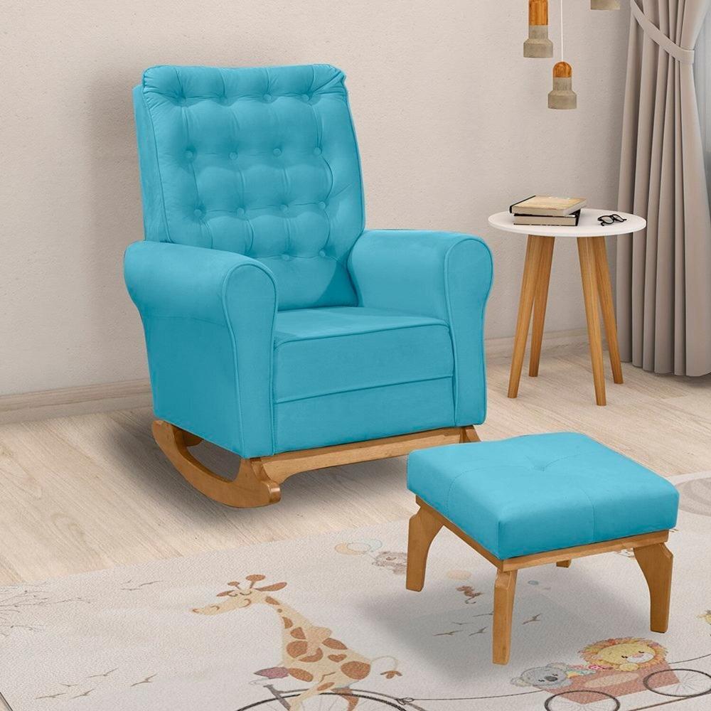 Miniatura Poltrona de Amamentação com Balanço Linho com Puff Paris Azul Tifany