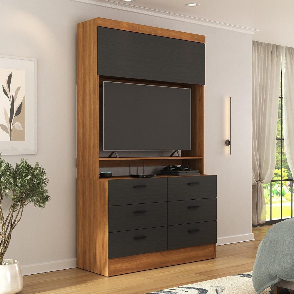 Miniatura Cômoda para Quarto para Tv até 42 Polegadas Viena 1 Porta 6 Gavetas Yescasa Nogal/Grafite