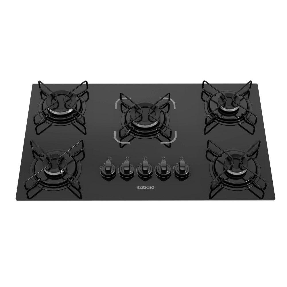 Miniatura Cooktop 5 Bocas Itatiaia Preto A Gás Em Aço Inox E Mesa Vidro Temperado Essencial - Bivolt