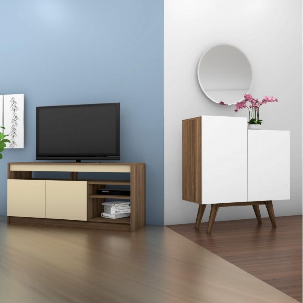 Miniatura Conjunto Rack para TV até 48 Polegadas 2 Portas e Buffet 2 Portas Modern Estilare Branco/Madeirado/Off White