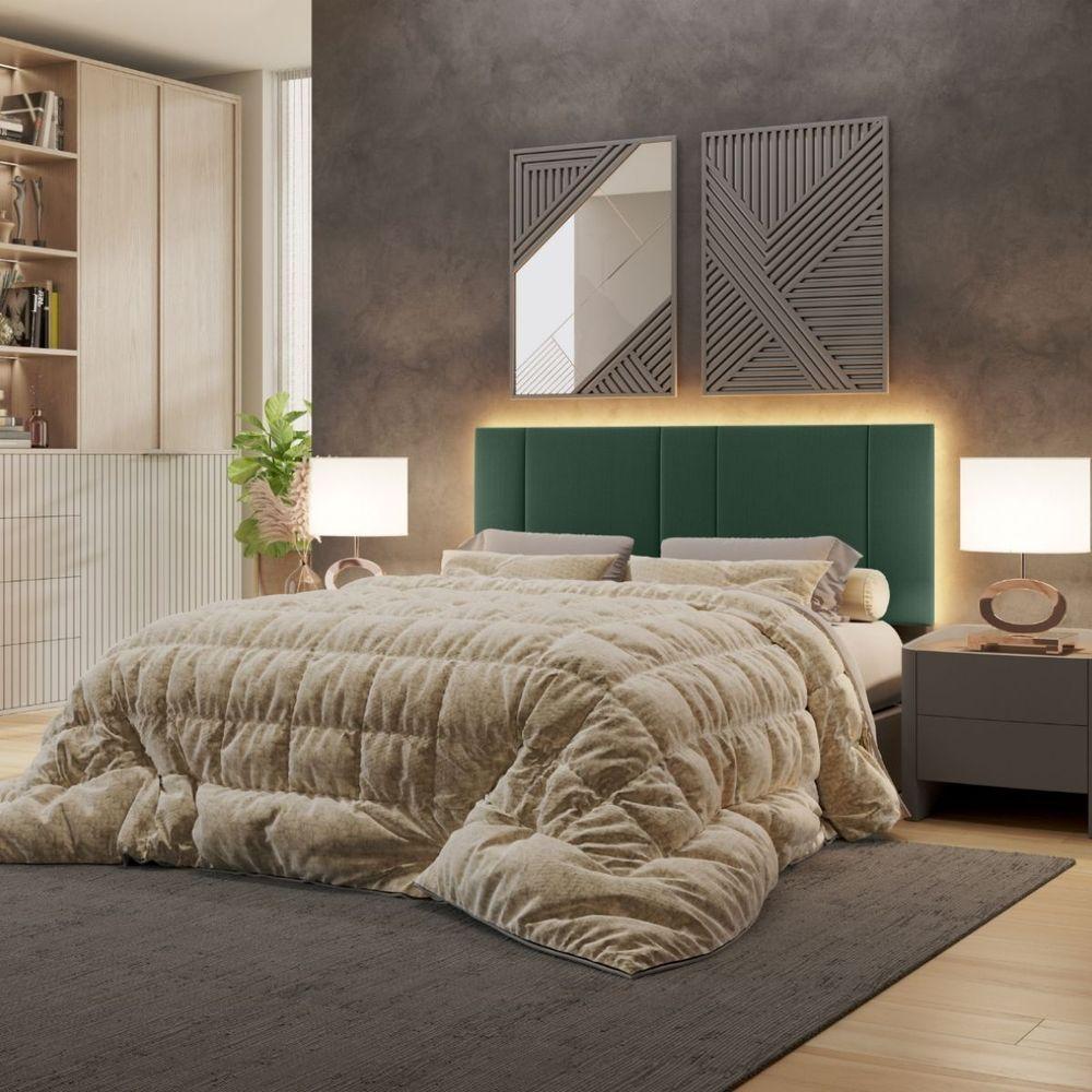 Miniatura Cabeceira Estofada Cama Casal Queen Size Led Moderna 160 Cm Veludo Verde