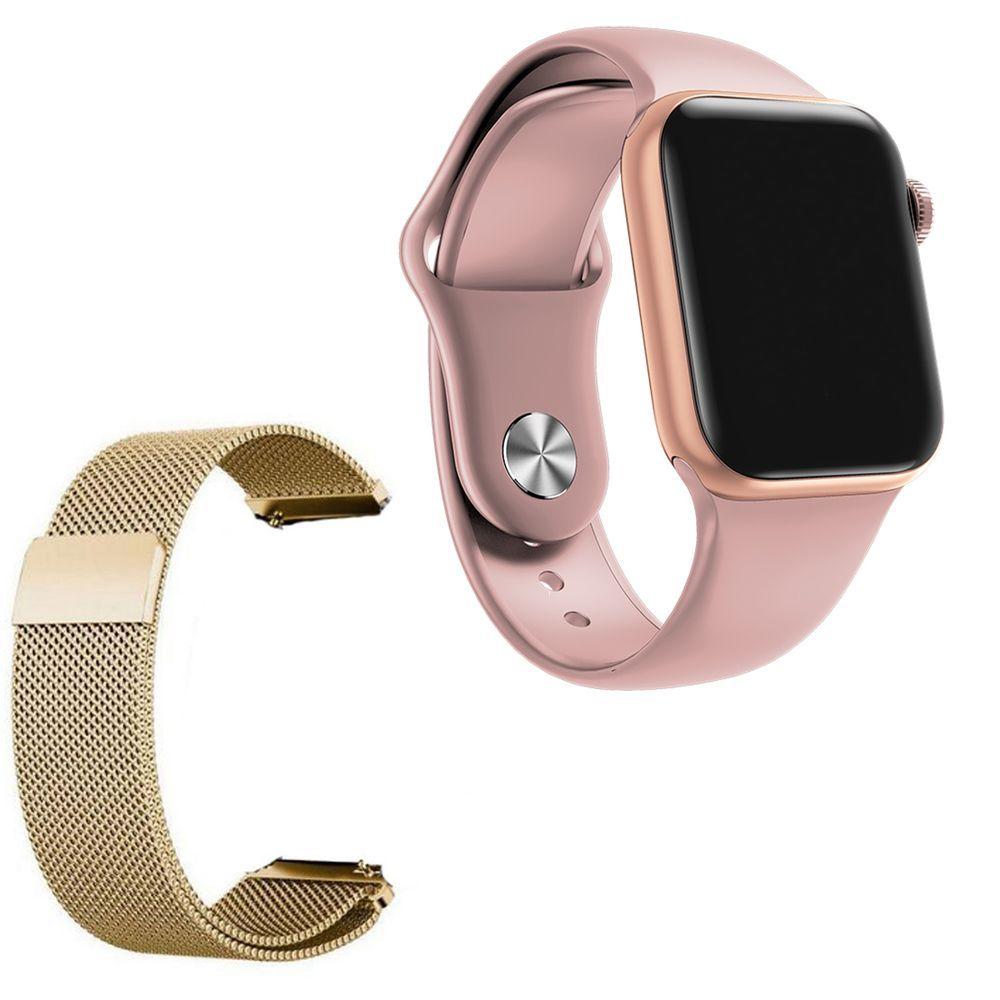 Miniatura Relógio Smartwatch Iwo 7 Watch 5 Rosa Android Ios + 1 Pulseira Extra De Aço Dourado