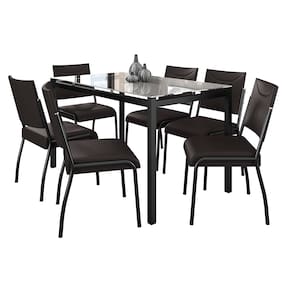Miniatura Mesa de Jantar Retangular Fabone Alexa com Tampo de Vidro e 6 Cadeiras Dora - Preto Fosco Fosco/Café