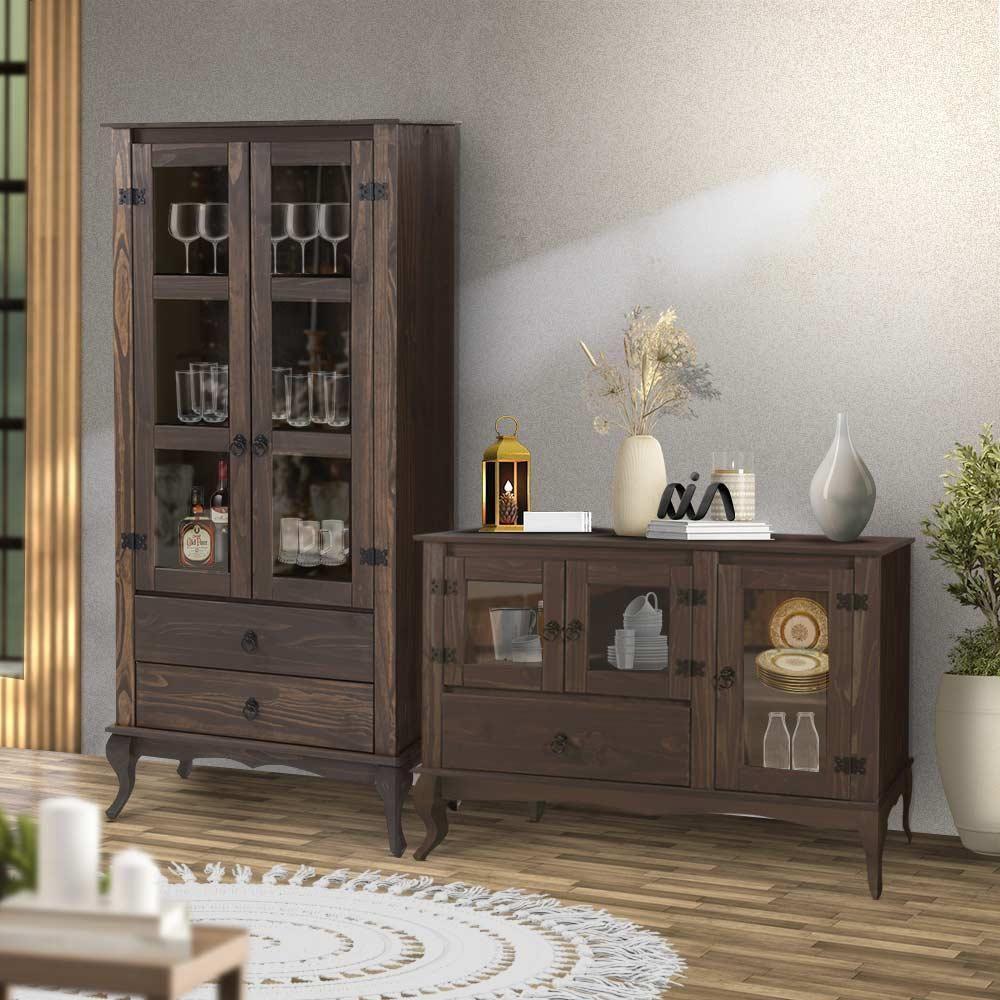 Miniatura Conjunto Cristaleira E Balcão Com Portas De Vidro Imbuia