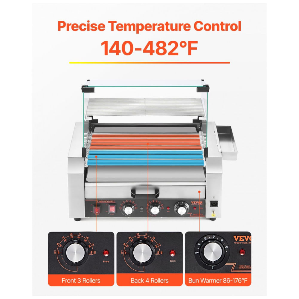 Miniatura Máquina de Cachorro-Quente VEVOR, 18 Hot Dogs em 7 Rolos, Grill de Salsichas em Aço Inoxidável, 1200W com Aquecedor de Pães, Tampa,