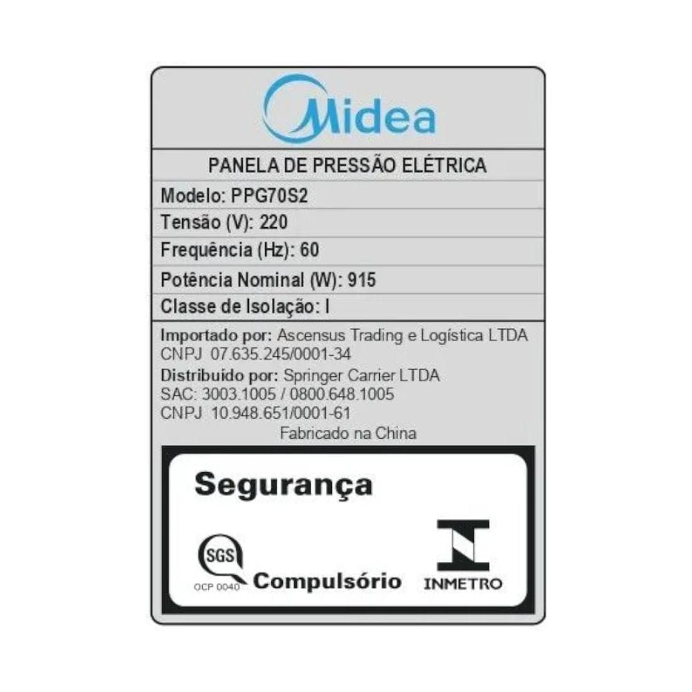 Miniatura Panela Elétrica Midea de Pressão MasterSteam 6L Inox 127V