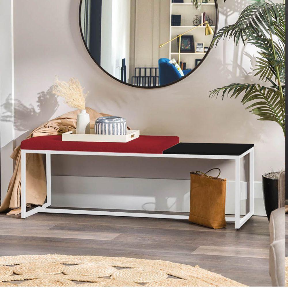 Miniatura Banco Recamier Puff 160cm Industrial Branco Suede Vermelho Tampo Quadrado Mdf Preto