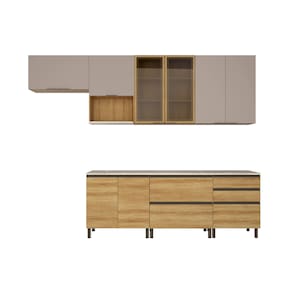 Miniatura Cozinha Bartira Cristal com 8 Portas, 2 Gavetas, 5 Prateleiras e Nicho para Micro-ondas - 300cm de Largura Lâmina Mel e Nude