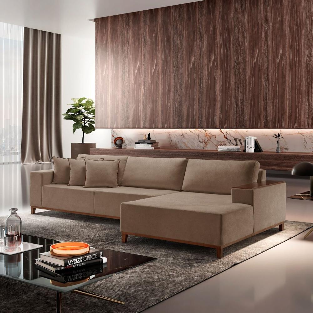 Miniatura Sofá com Chaise 4 Lugares Veludo 270 Cm Grécia Bege