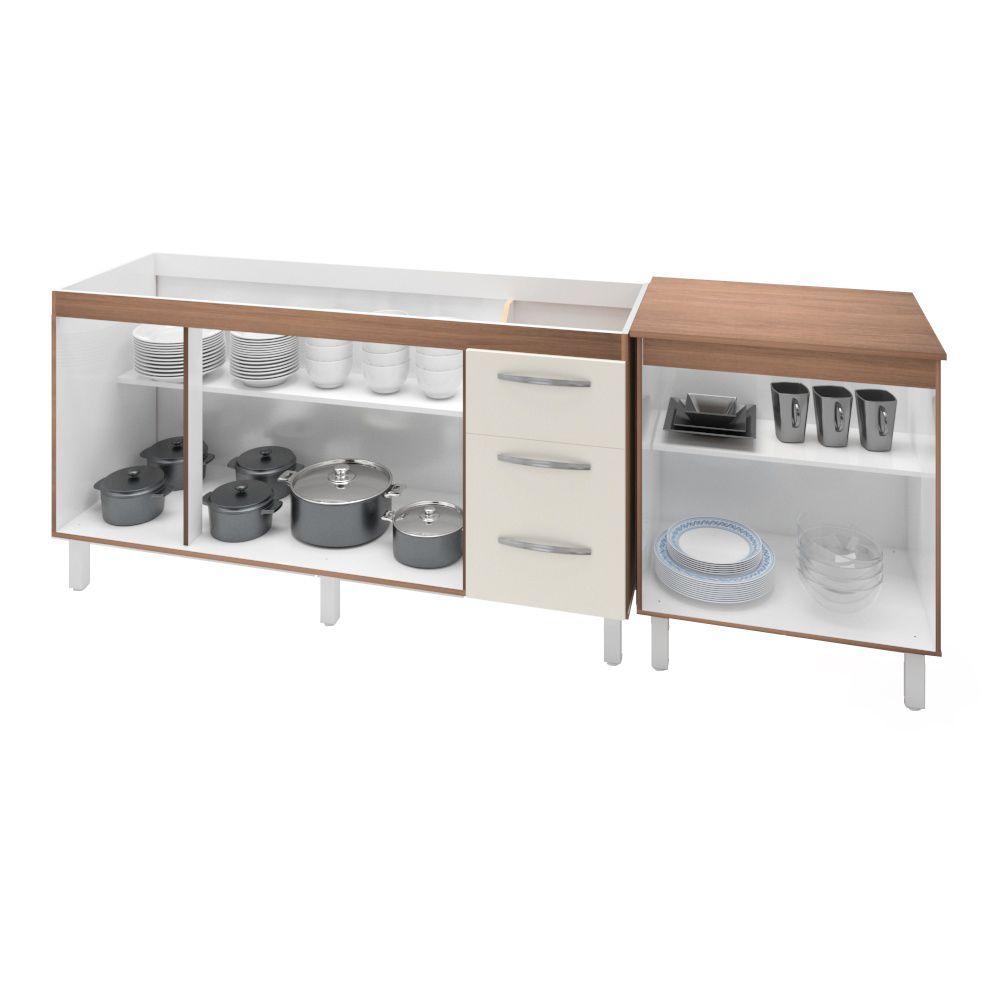 Miniatura Armário Cozinha Gabinete Pia De 140 Cm Carina Com Balcão Multiuso Micro-ondas Savana Frente Off-white Serena