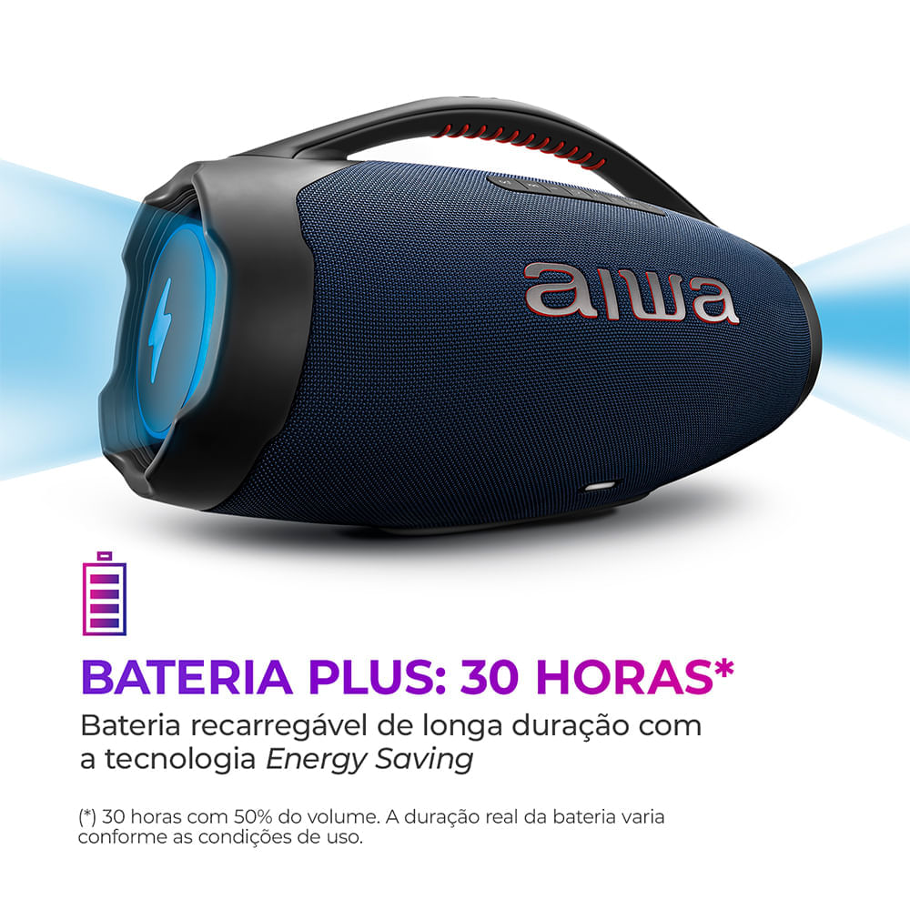 Caixa de Som Boombox Plus AIWA BBS-01-LBL 200W BT 30H IP66 USB RGB BOOMBOX C/ LUZES AWS-BBS-01-LBL BIVOLT