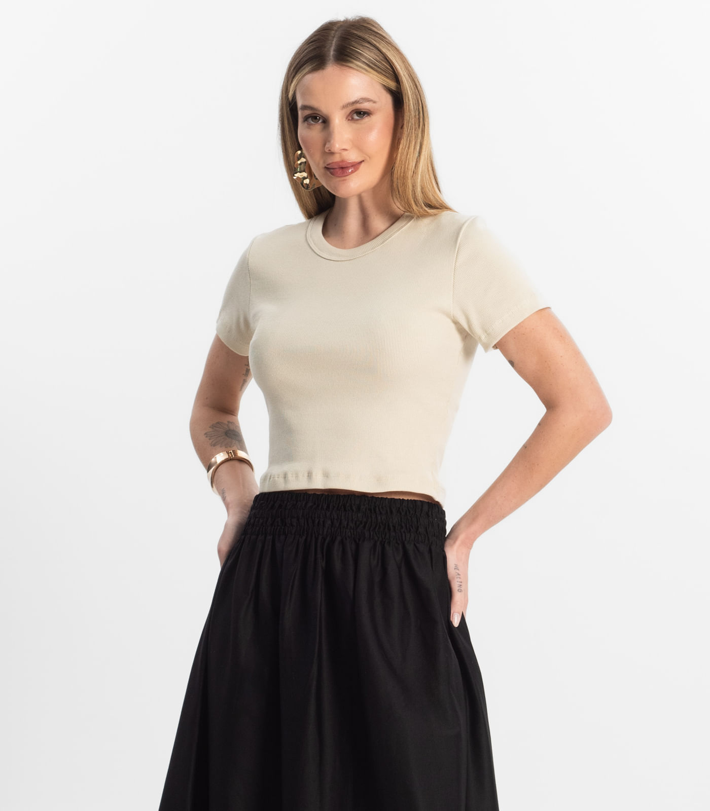 Miniatura Blusa Cropped Ribana Básica Rovitex Bege G