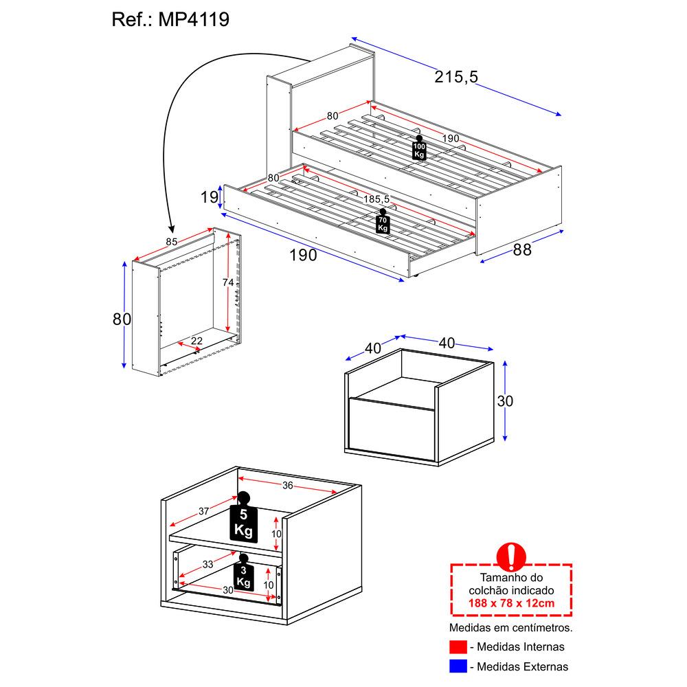 Miniatura Conjunto Quarto Bicama com Baú e Mesa de Cabeceira Suspensa Multimóveis MP4119 Branco
