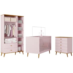 Miniatura Guarda-Roupa Bartira Ternura com 3 Portas, 2 Gavetas + Cômoda Ternura com 5 Gavetas + Berço Mini Cama Móveis Estrela Ternura - Rosa Wood Rosa Wood