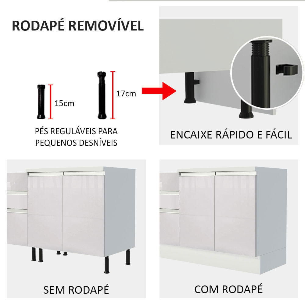 Cozinha Completa 100% MDF Madesa Smart 300 cm Modulada Com Armário, Balcão e Tampo Frentes Branco Brilho Cor:Branco