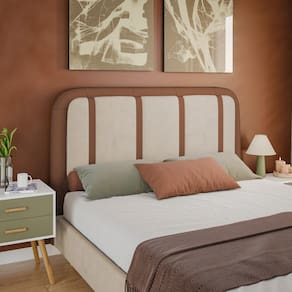 Miniatura Cabeceira para Cama Box Queen Dobuê Leon com Revestimento em Veludo e Corino Caramelo/Bege