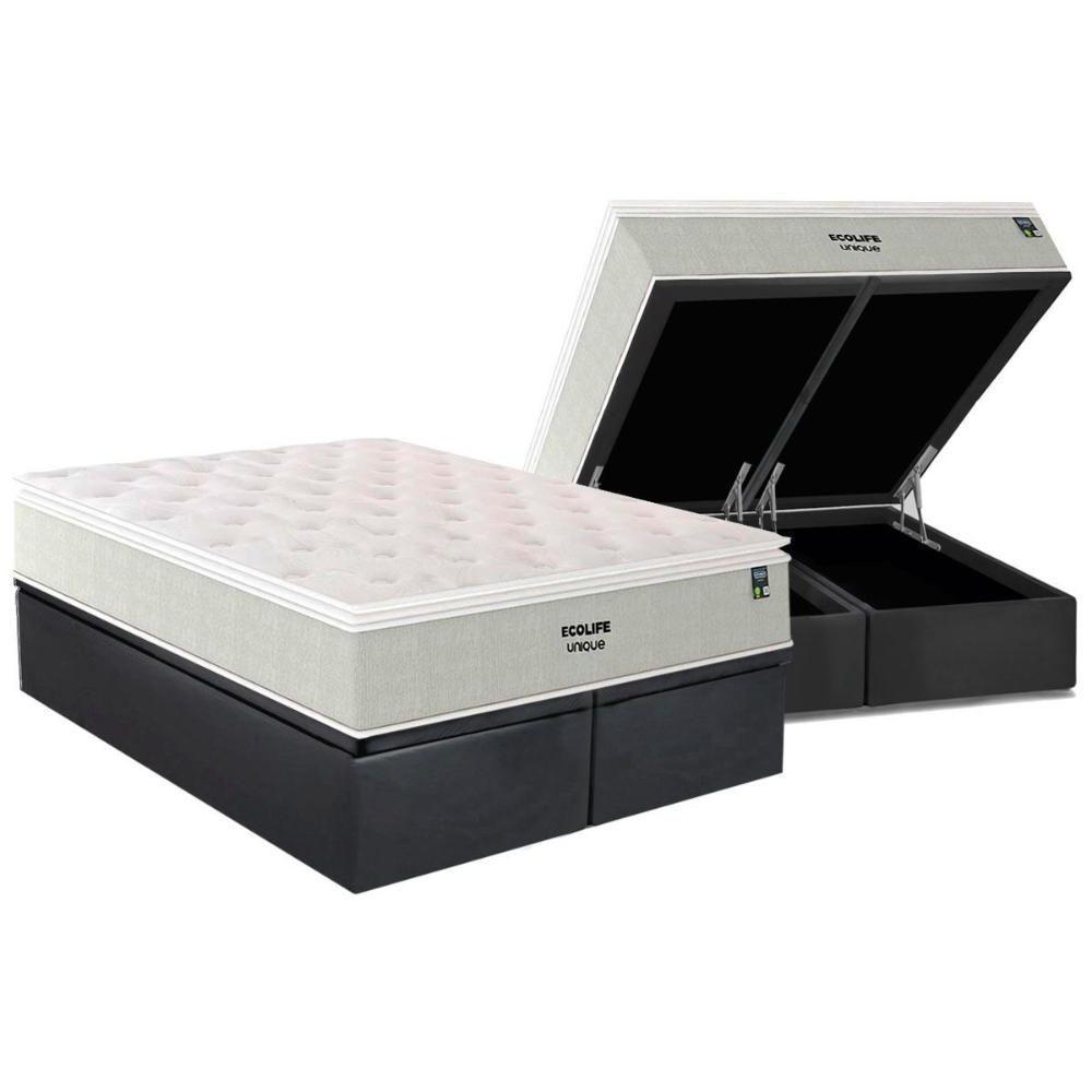 Miniatura Cama Box Baú King: Colchão Molas Bonnel Plumatex Ensacadas Ecolife + Base Crc Suede Gray (193x203)