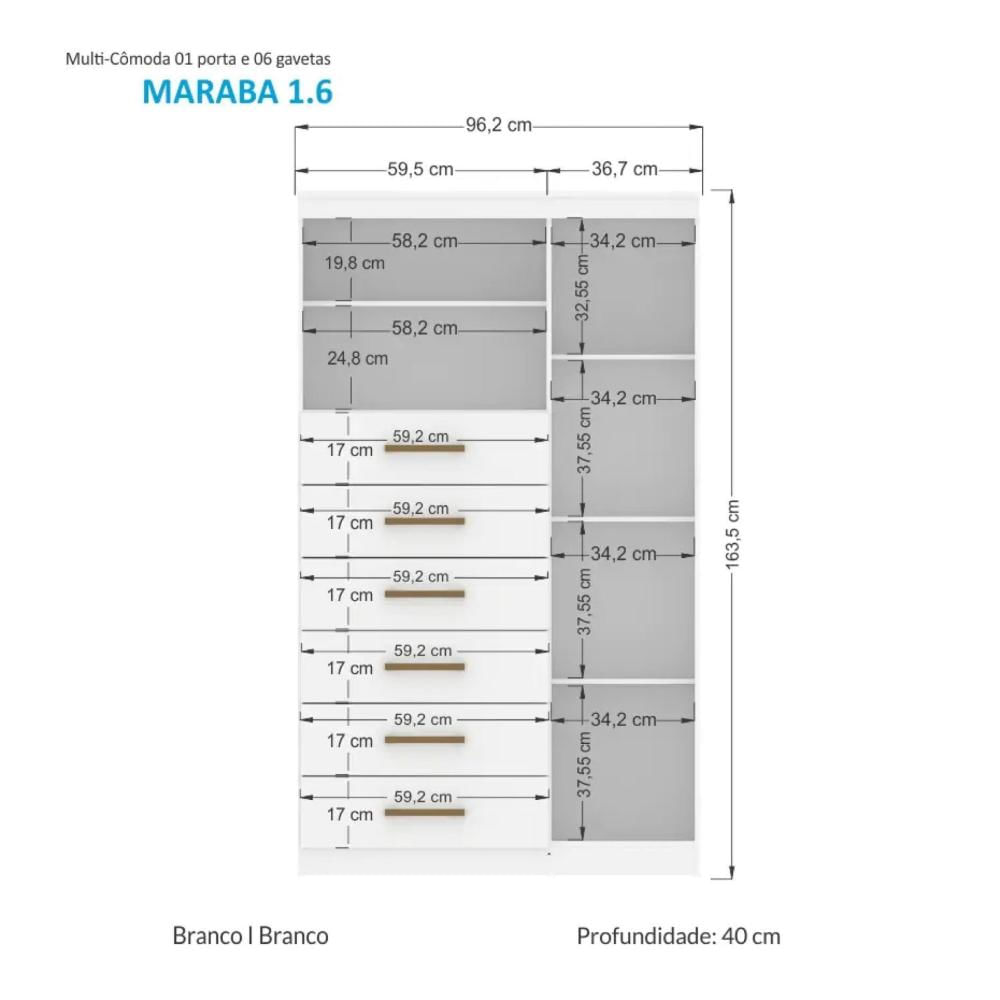 Miniatura Cômoda 6 Gavetas 1 Porta 2 Nichos Marabá 1.6 Santos Andirá Branco