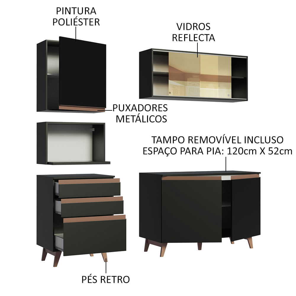 Cozinha Completa Madesa Reims 180002 com Armário e Balcão Preto Cor:Preto