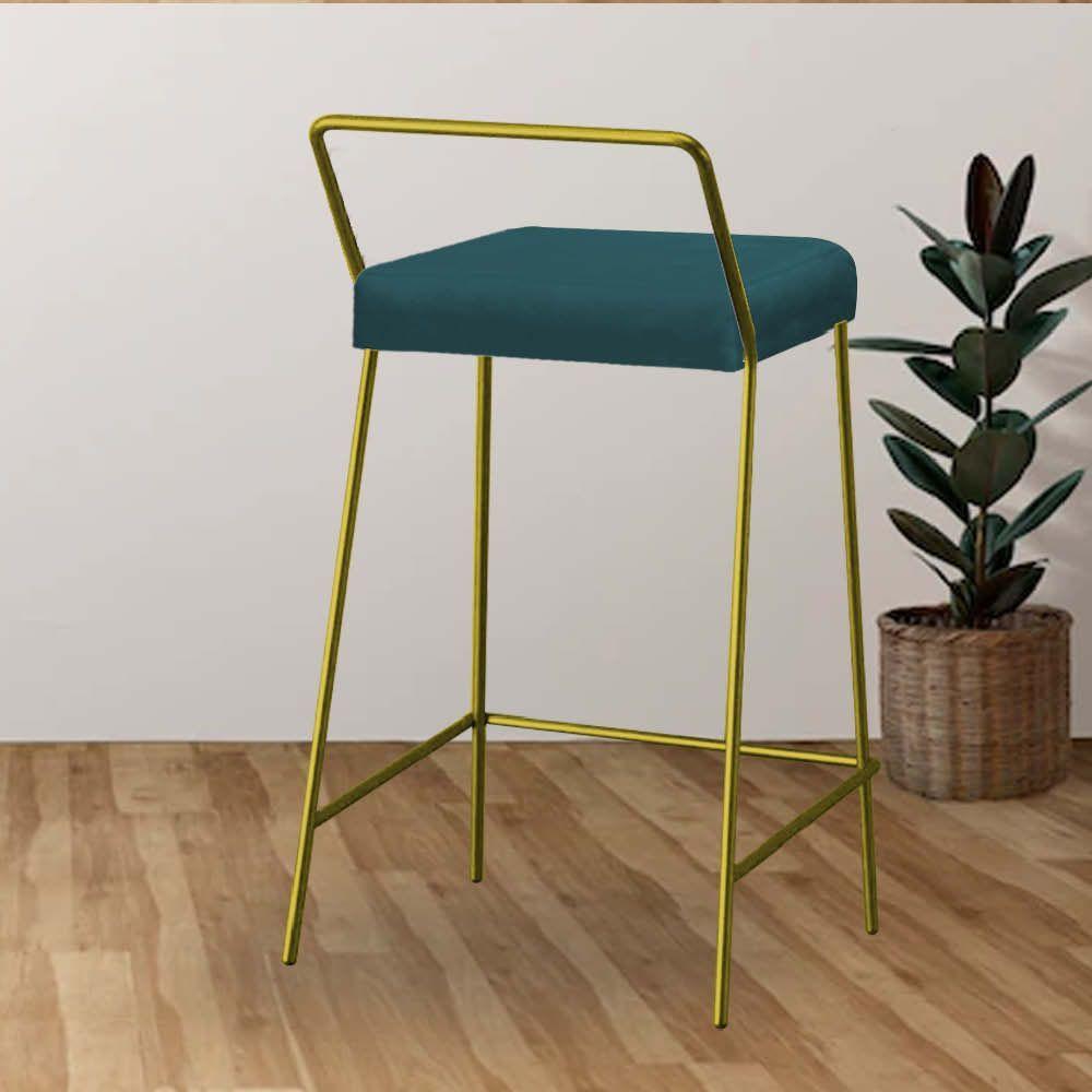 Miniatura Banqueta Alta Com Encosto Donna Industrial Cozinha Bistrô Ferro Dourado Suede Azul Turquesa