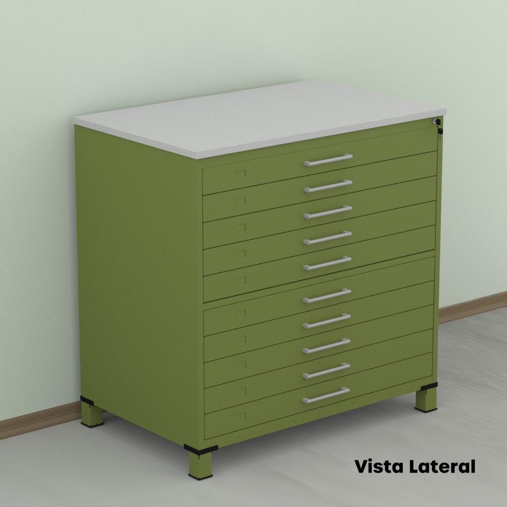 Gaveteiro Mapoteca para Escritório de Aço Fixa com 10 Gavetas Industrial Verde/Cinza
