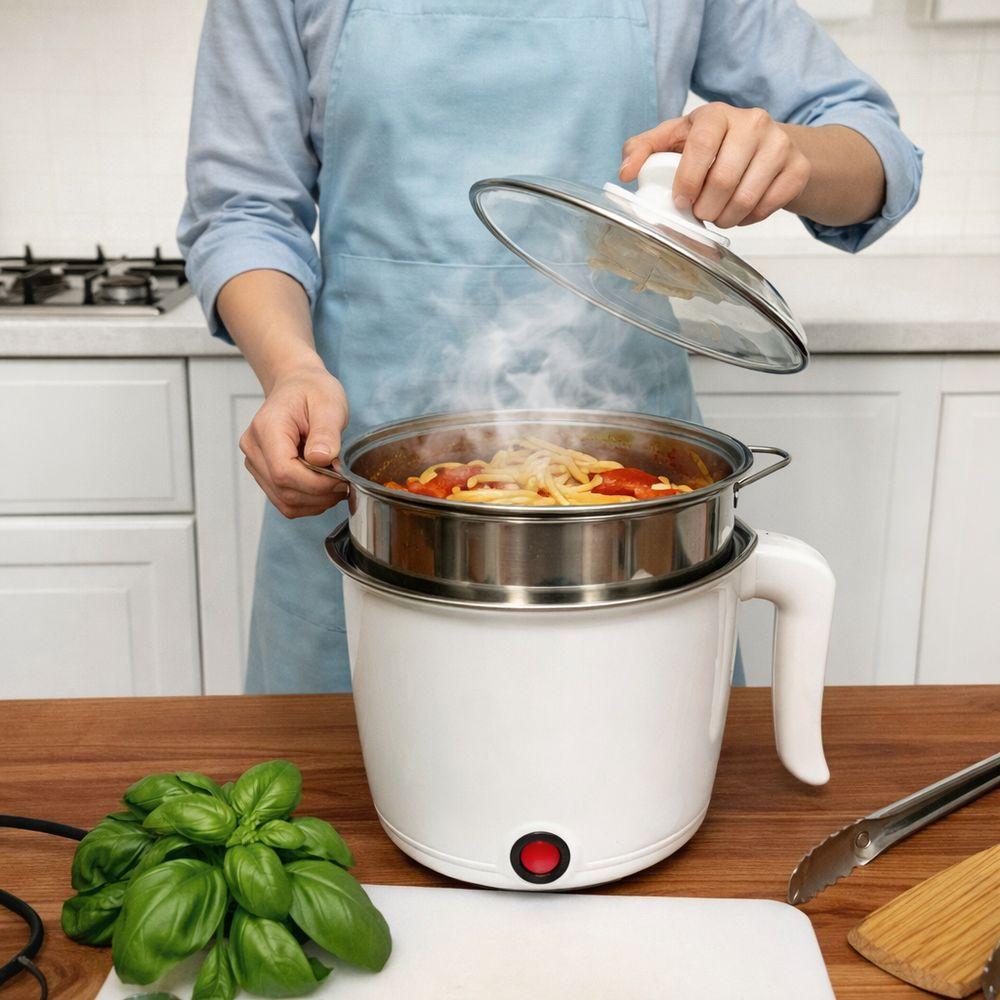 Miniatura Panela Elétrica Multifuncional Compacta Inox Com Vapor 110V Branco