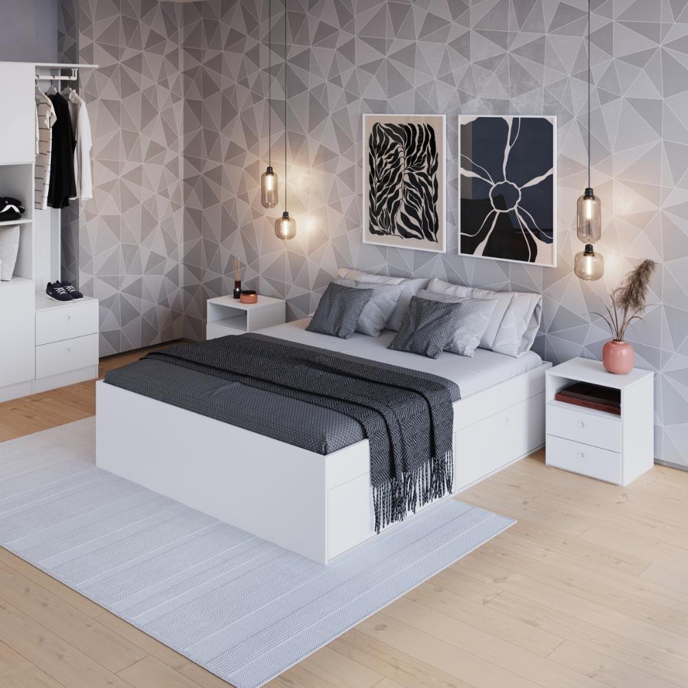 Miniatura Quarto Casal Com Cama Queen, Guarda Roupas E Mesas De Cabeceira 160 Tókio Branco
