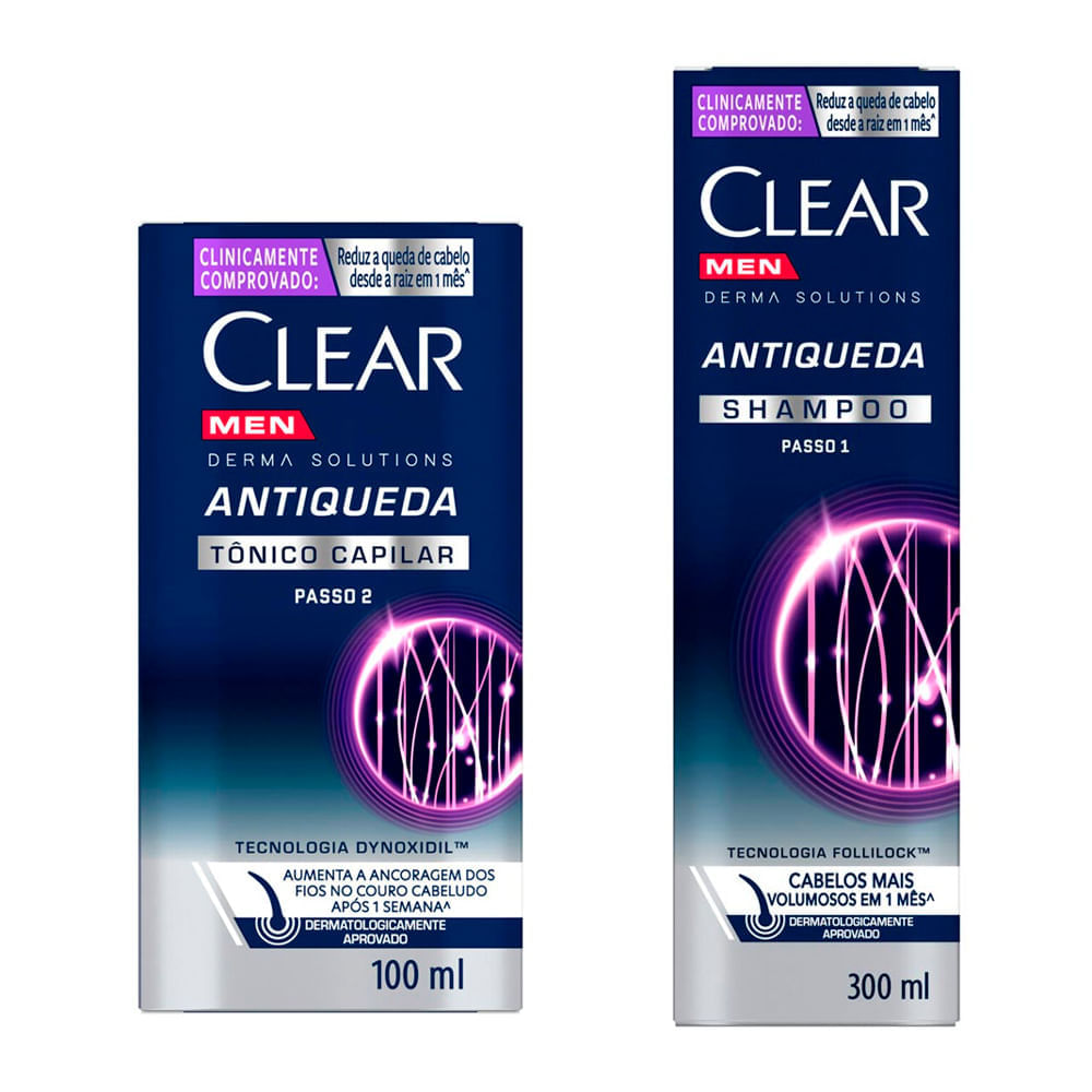 Miniatura Kit Tônico Capilar Clear Men Derma Solutions Antiqueda 100ml e Shampoo Clear Men Antiqueda Passo 1 com 300ml
