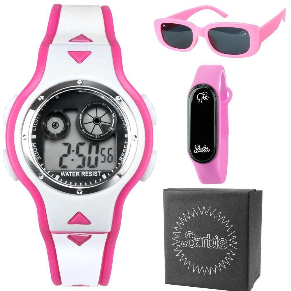 Miniatura Relogio Infantil Digital + Rosa Barbie + Oculos Sol + Caixa Esportivo Original Alarme Criança Menina