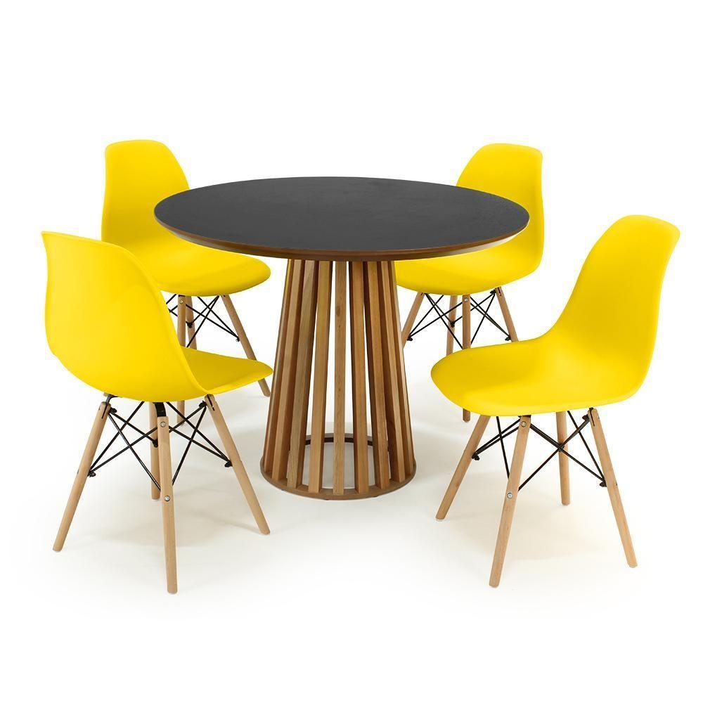 Miniatura Conjunto Mesa De Jantar Redonda Luana Amadeirada Preta 100cm Com 4 Cadeiras Eames Eiffel - Amarelo