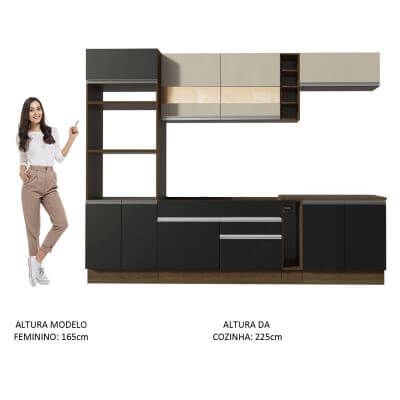 Cozinha Completa Madesa Vicenza com Armário e Balcão (Sem Tampo e Pia) Rustic/Preto/Crema Cor:Rustic/Preto/Crema