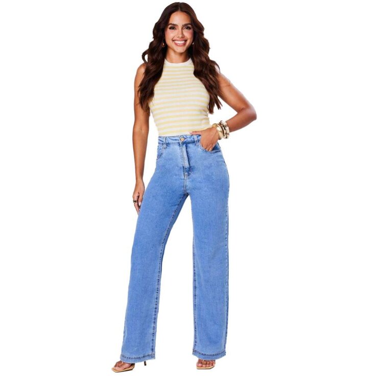 Miniatura Calça Max Denim Wide Leg Cos Alto Feminino - Jeans claro - JEANS CLARO