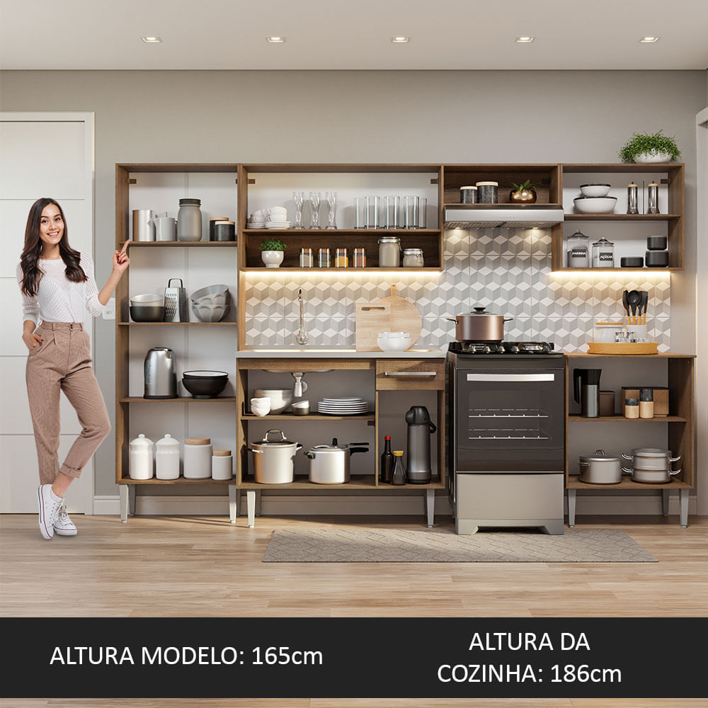 Armário de Cozinha Completa 293cm com Pia Rustic/Branco Emilly Madesa 08 Cor:Rustic/Branco