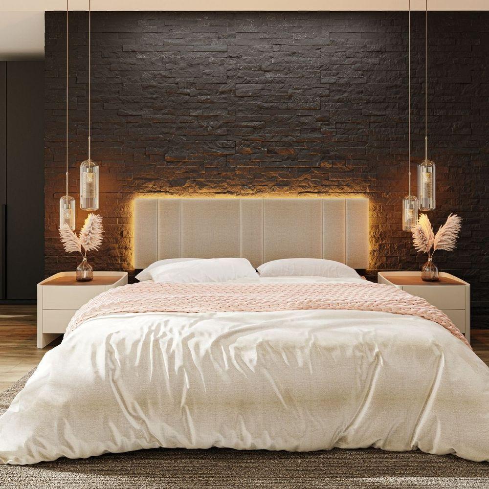 Miniatura Cabeceira Estofada Iluminação Led Cama Casal King Size 200 Cm Cor:linho Bege