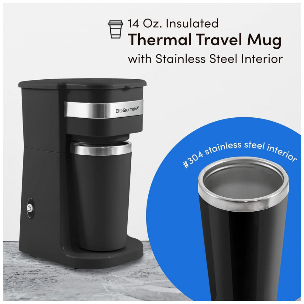 Miniatura Cafeteira Elétrica Compacta com Caneca Térmica para Viagem 400 mL, Elite Gourmet EHC113 110V 600W, Preta