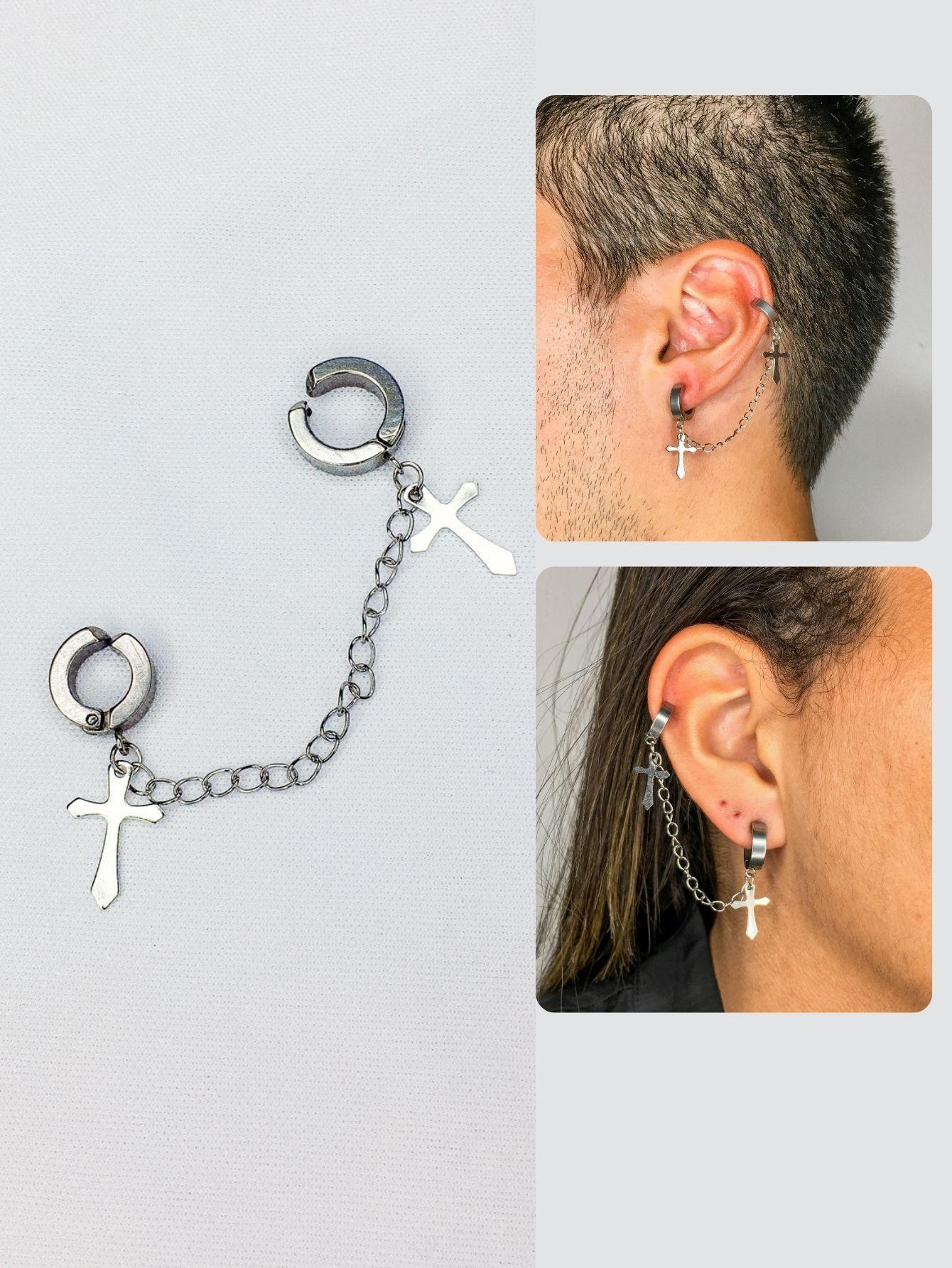Miniatura Brinco Argola Prata Masculino Feminino Pressão Corrente Cruz