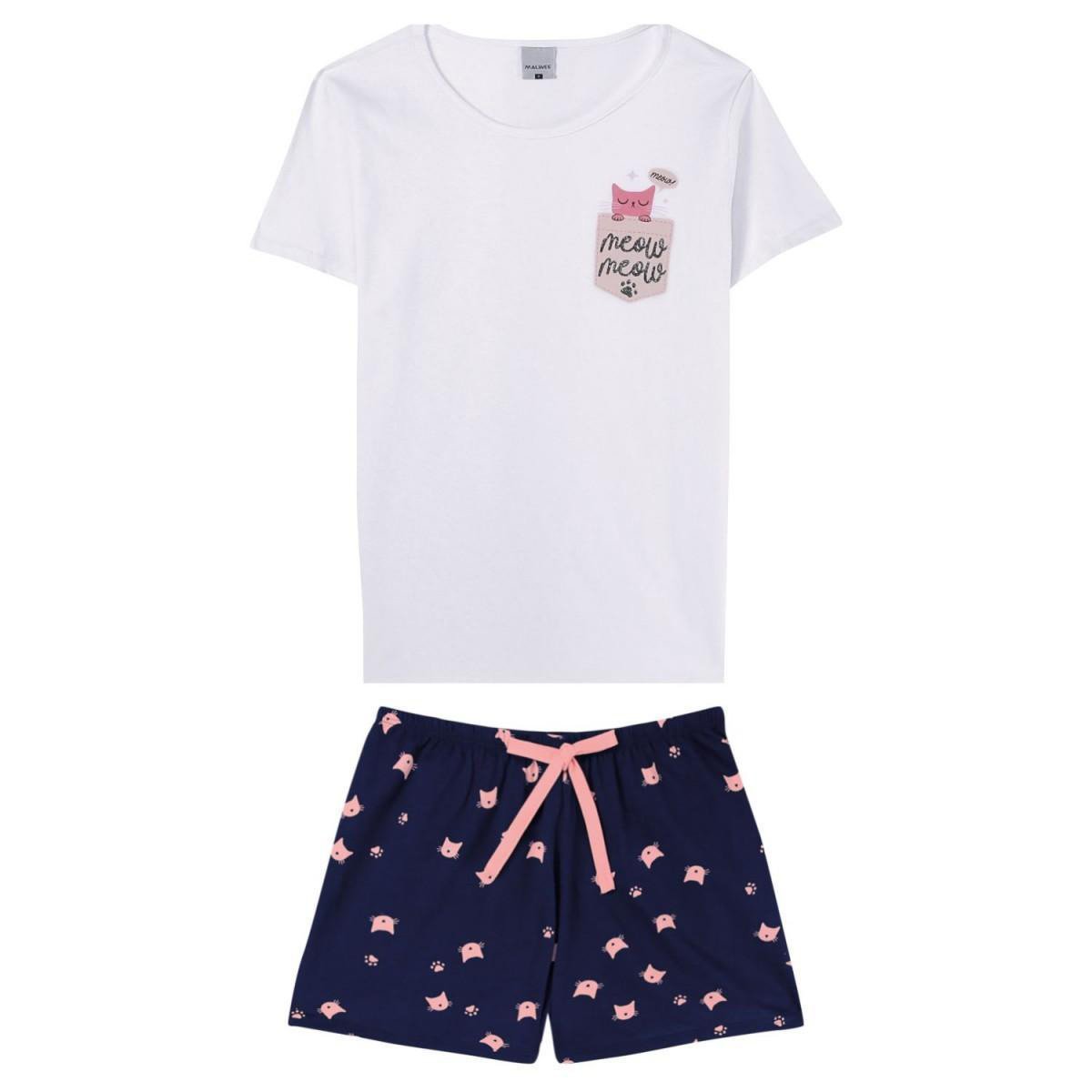 Miniatura Pijama Curto Malwee Gatinhos Feminino Branco - G
