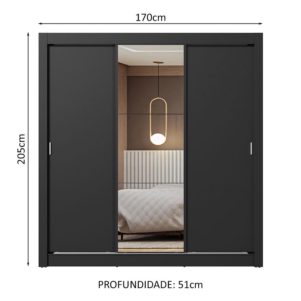 Miniatura Guarda-Roupa Casal 3 Portas de Correr com Espelho Preto Nobre Madesa Preto