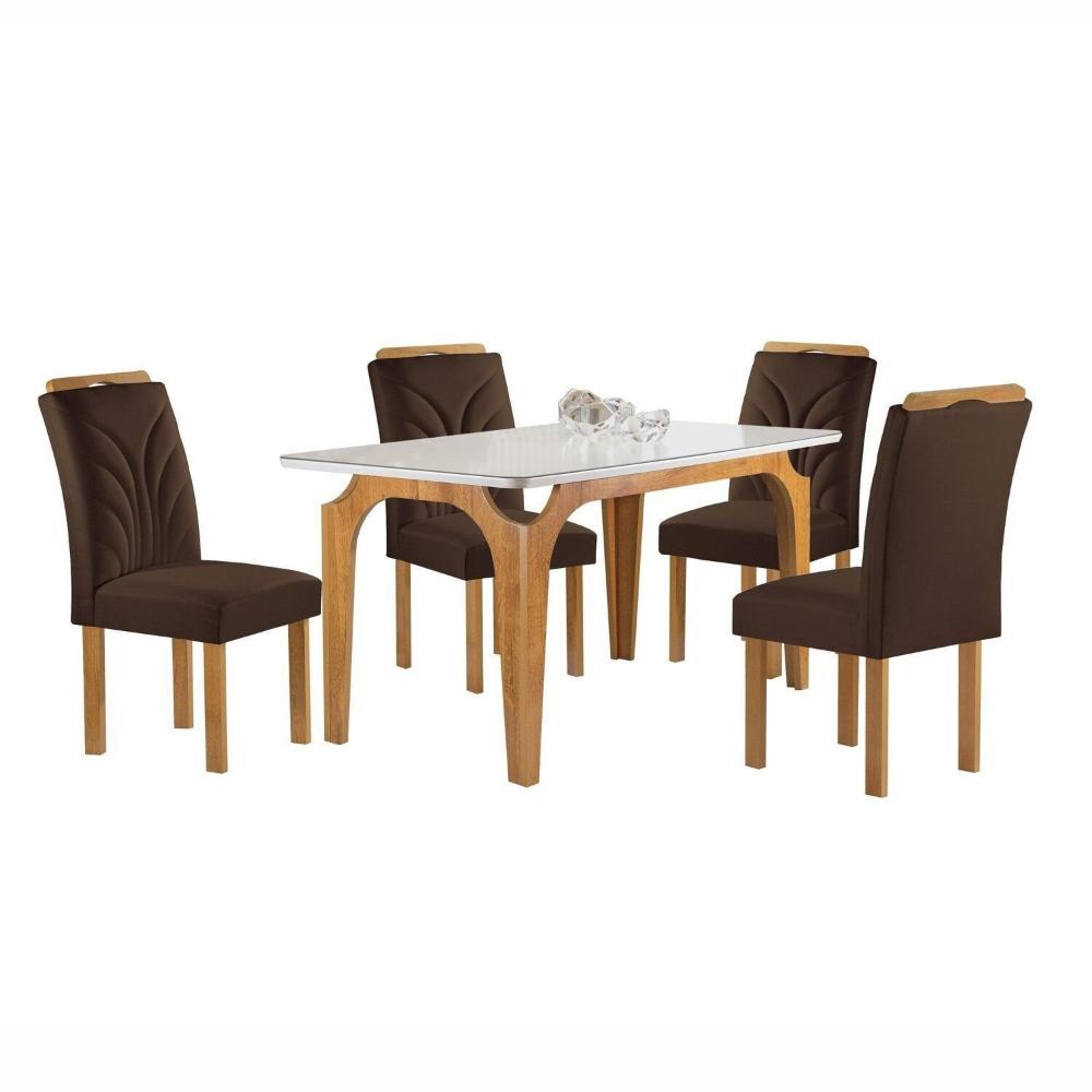 Conjunto Mesa Melina 120cmx90cm com 4 Cadeiras Carolina Tampo Smart Plus com Vidro Cinamomo/Off White/Marrom