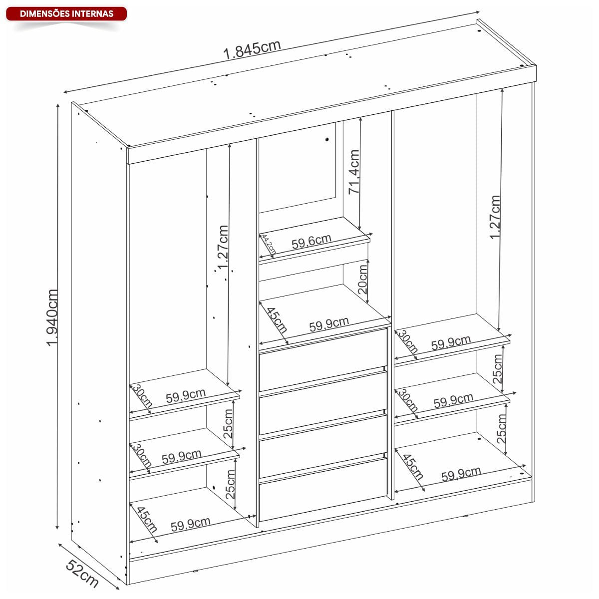 Guarda Roupa Solteiro com Espelho 2 Portas de Correr 4 Gavetas Itália Yescasa Amêndola/Preto Prime TX