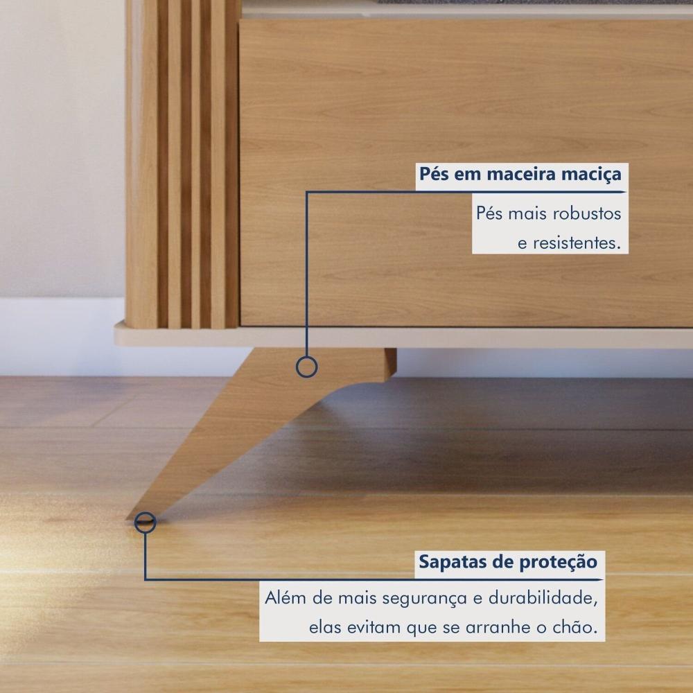 Rack Bancada Mariana Pés Madeira Maciça com Painel Vitória para TV até 65 Polegadas Off White/Cinamomo