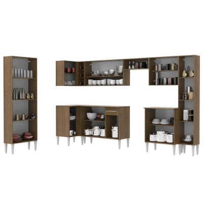 Miniatura Cozinha Completa de Canto Reto Madesa Emilly Live com Armário e Balcão 17 Portas 1 Gaveta Rustic/Branco Cor:Branco/Rustic