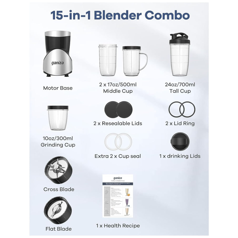 Liquidificador para Vitaminas 710mL com Acessórios e Livro de Receita, 110V 900W, Ganiza, Preto