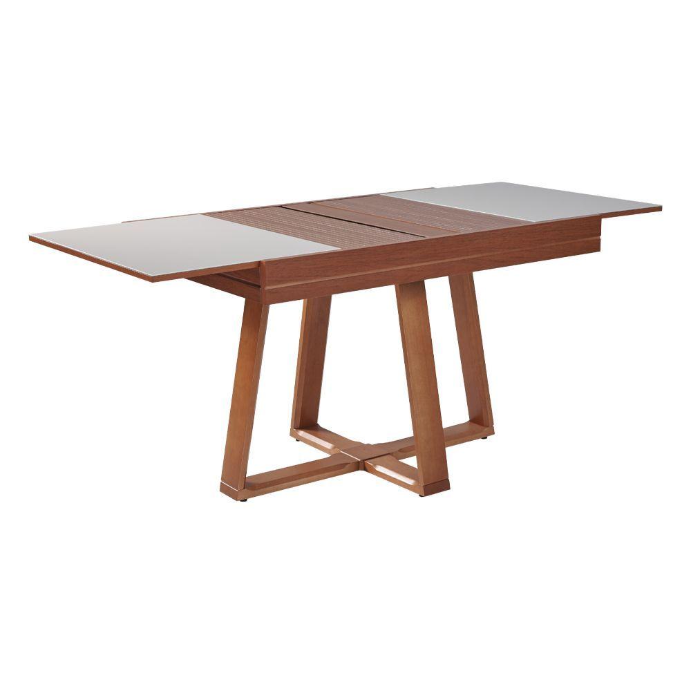 Miniatura Mesa De Jantar Caroline 1,20m Extensível 1,80m Em Madeira Maciça Imbuia Tampo Vidro Off White