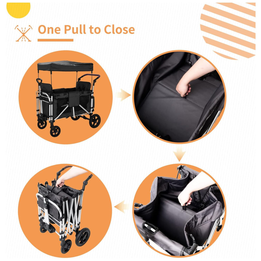 Miniatura Carrinho de Passeio Vagão para 2 Crianças com Assentos Altos e Capota Ajustável, WANAN, Cinza 110v